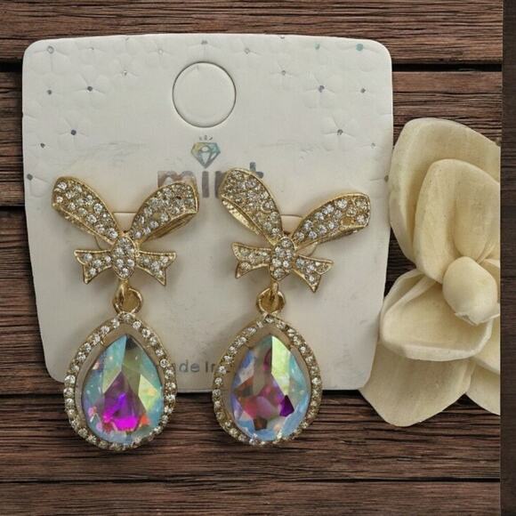 Gold Bow Rhinestone Drop Earrings with Iridescent Teardrop Crystals - Picture 1 of 5